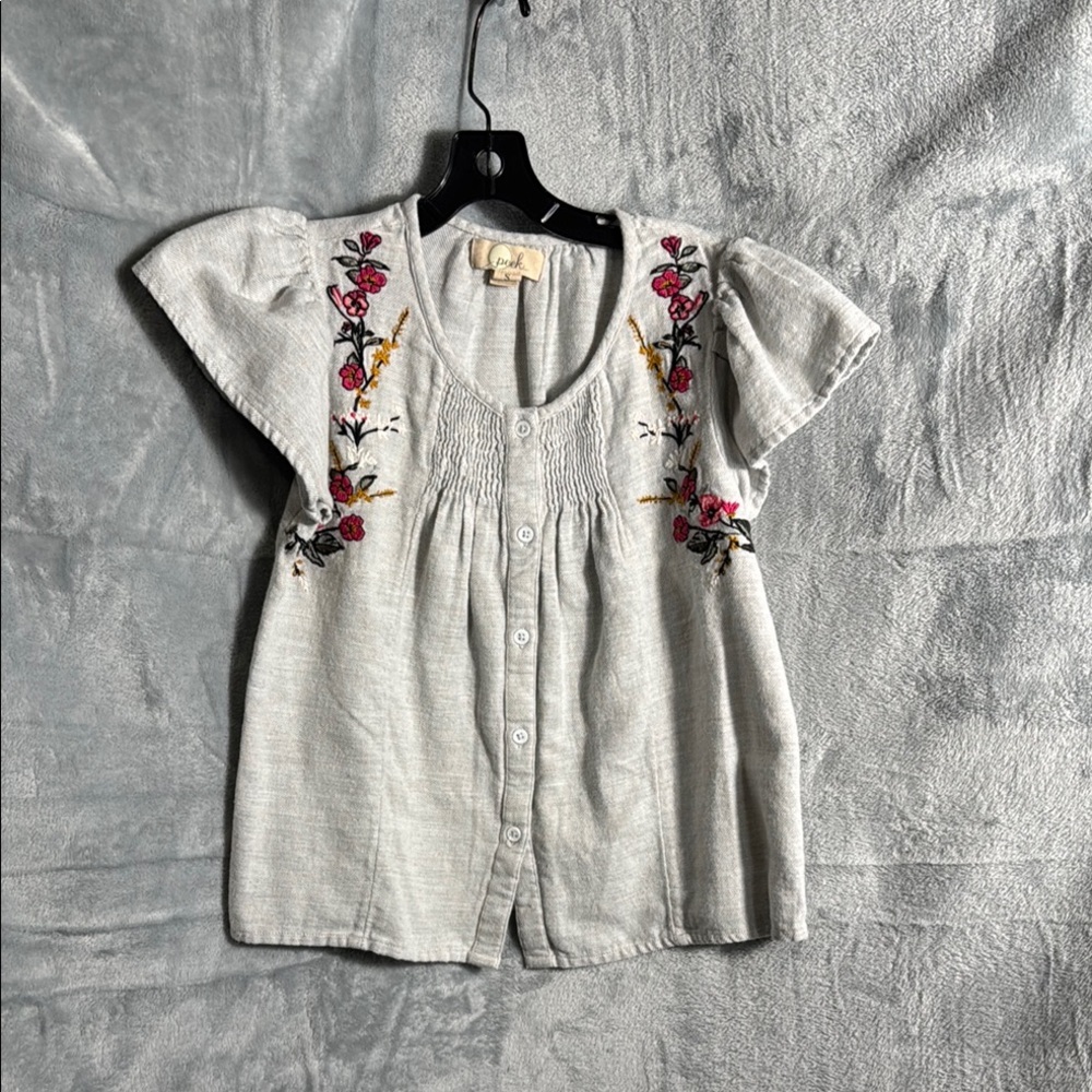 Peek top‎ Light Gray Cotton Blend Top girls 6 -7 embroidered flutter sleeve